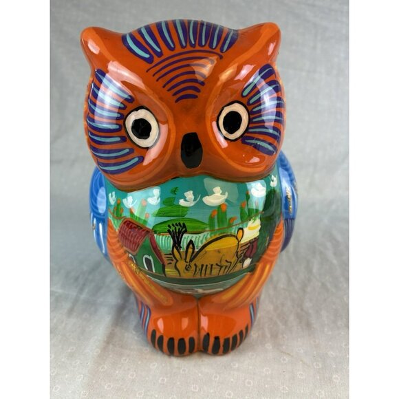 Vintage Mexican Talavera Owl Coin Bank Hand Painted Folk Art Pottery Stopper - Picture 1 of 8